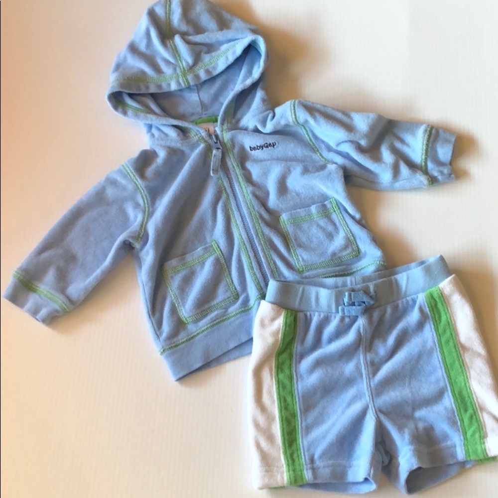 BabyGap Terrycloth Shorts and Hoodie Set Light Blue/Green/White Stripes 3-6 mos